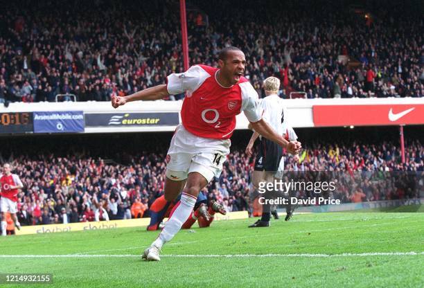 Thierry Henry celebrates scoring arsenal's 3rd goal, his 2nd, during the Premier League match between Arsenal and Liverpool on April 9, 2004 in...