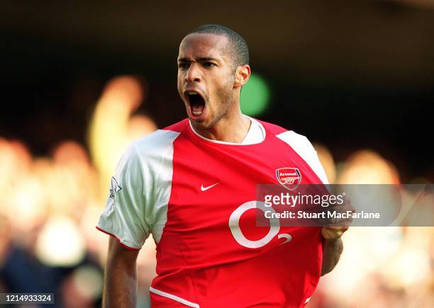 Thierry Henry celebrates scoring Arsenal's 2nd goal during the Premier League match between Arsenal and Chelsea on October 18, 2003 in London,...