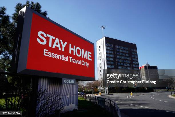 Giant television over the A57 Motorway urges people to stay home on March 26, 2020 in Manchester, England. British Prime Minister, Boris Johnson,...