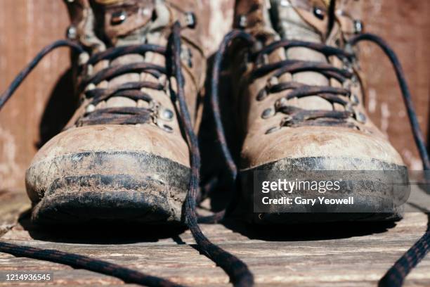 close up of hiking boots outside - leather laces foto e immagini stock