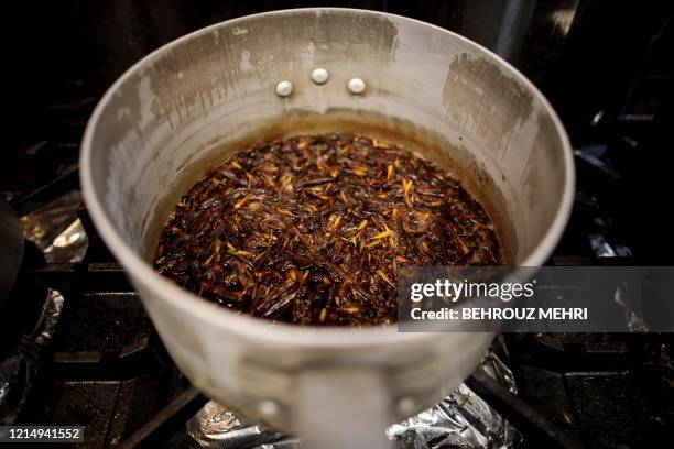 In this picture taken on May 13, 2020 dried grasshoppers are seen in a pot before being cooked as a dessert side dish as part of cricket ramen...