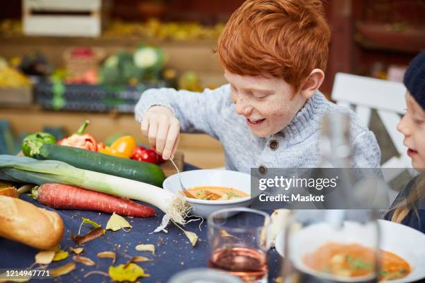 happy male and female siblings having soup at back yard table - winter vegetables stockfoto's en -beelden