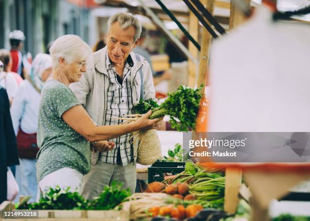 senior woman shopping for vegetables with partner at street market in city - seniors shopping stock pictures, royalty-free photos & images