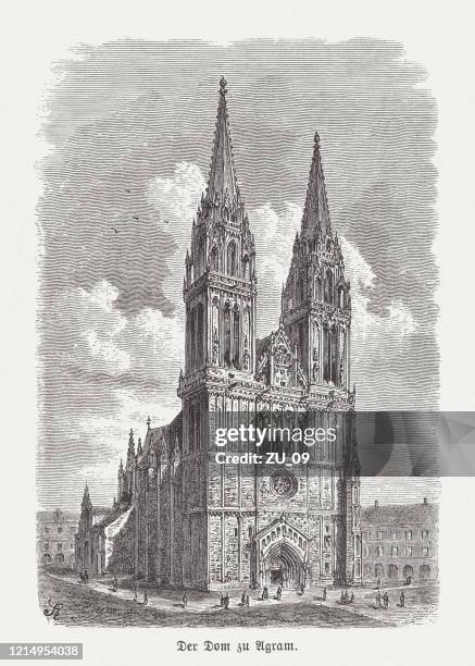 zagreb cathedral, croatia, wood engraving, published in 1893 - zagreb street stock illustrations