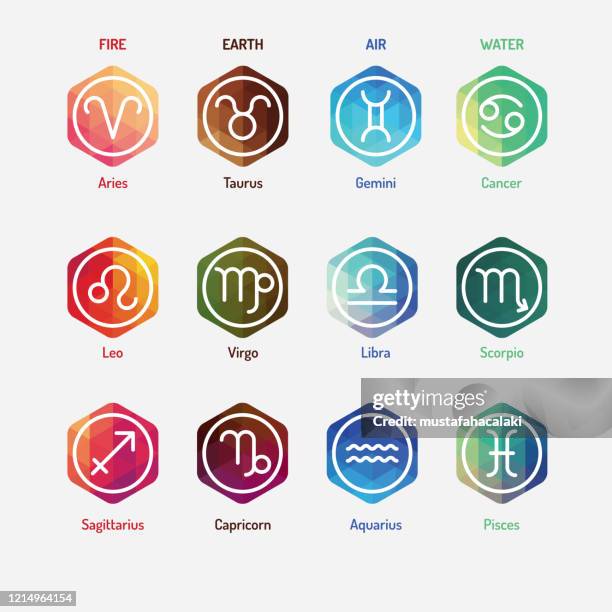 ilustraciones, imágenes clip art, dibujos animados e iconos de stock de coloridos signos de astrología de forma hexagonal - signo del zodíaco