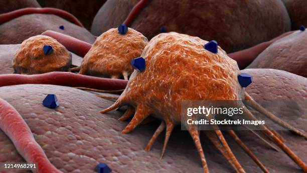 conceptual image of a drug attacking the cancer virus. - osteocyte stock illustrations