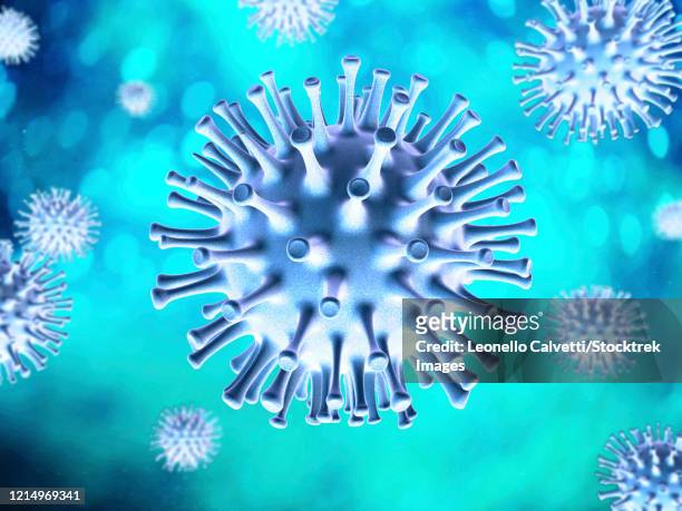 3d illustration of a blue colored coronavirus on a turquoise background. - spike protein stock illustrations