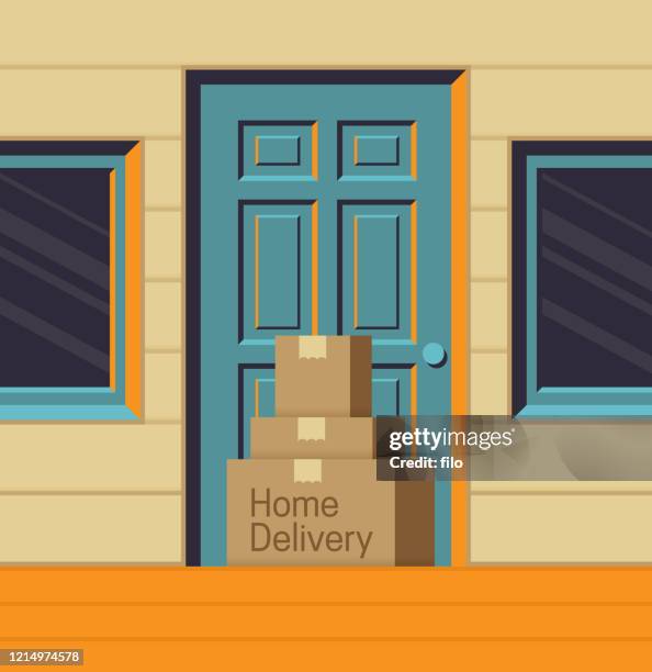 stockillustraties, clipart, cartoons en iconen met thuisbezorgd bij voordeur - deurkozijn