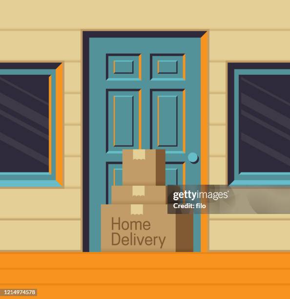 home delivery packages at front door - door stock illustrations