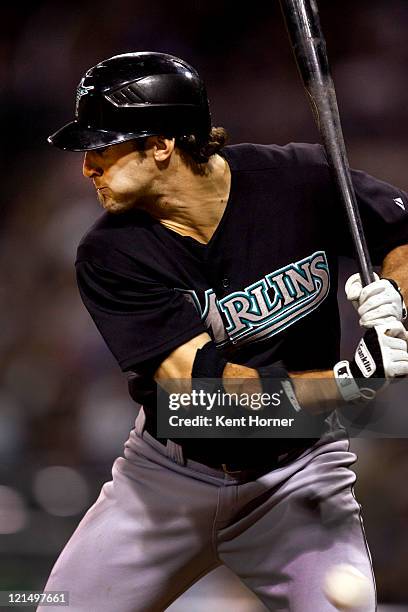 Bryan Petersen of the Florida Marlins reacts to getting hit by a pitch in the eighth inning of the game against the San Diego Padres at Petco Park on...