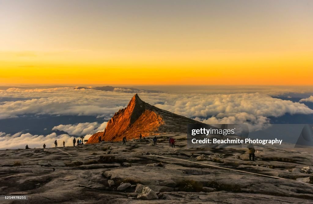 South Peak ,Mount Kinabalu at sunrise viewed from the summit plateau