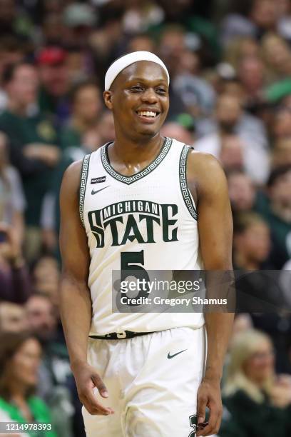 Cassius Winston of the Michigan State Spartans plays against the Ohio State Buckeyes at the Breslin Center on March 08, 2020 in East Lansing,...