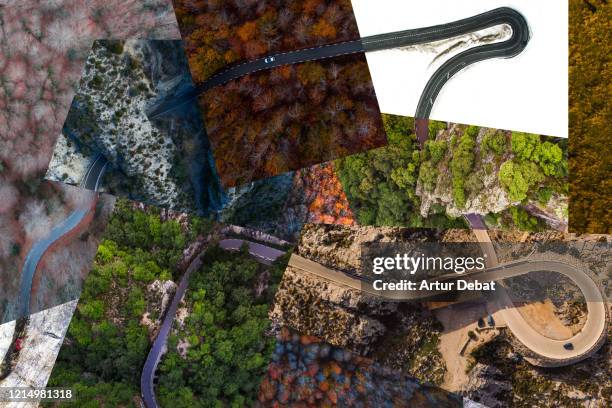 collage with roads from above in different weather conditions. - jahreszeit stock-fotos und bilder