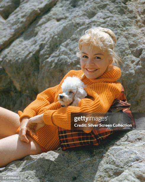 Sandra Dee , US actress, wearing an orange woollen jumper posing on a rock, with a small poodle in a tartan bag, circa 1965.