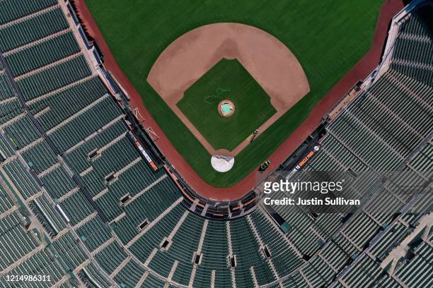 An aerial view from a drone shows Oracle Park, home of the San Francisco Giants, empty on Opening Day March 26, 2020 in San Francisco, California....