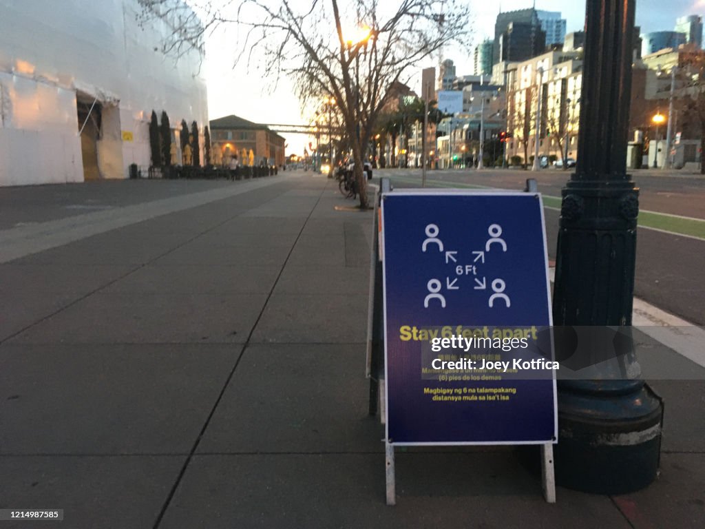 Stay 6 Feet Apart social distancing sign on the Embarcadero in San Francisco