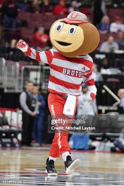 The Ohio State Buckeyes mascot on the floor during a college basketball game against the Villanova Wildcats at the Value City Arena on November 13,...