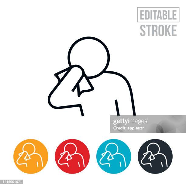 ilustrações de stock, clip art, desenhos animados e ícones de person sneezing into tissue thin line icon - editable stroke - espirrar