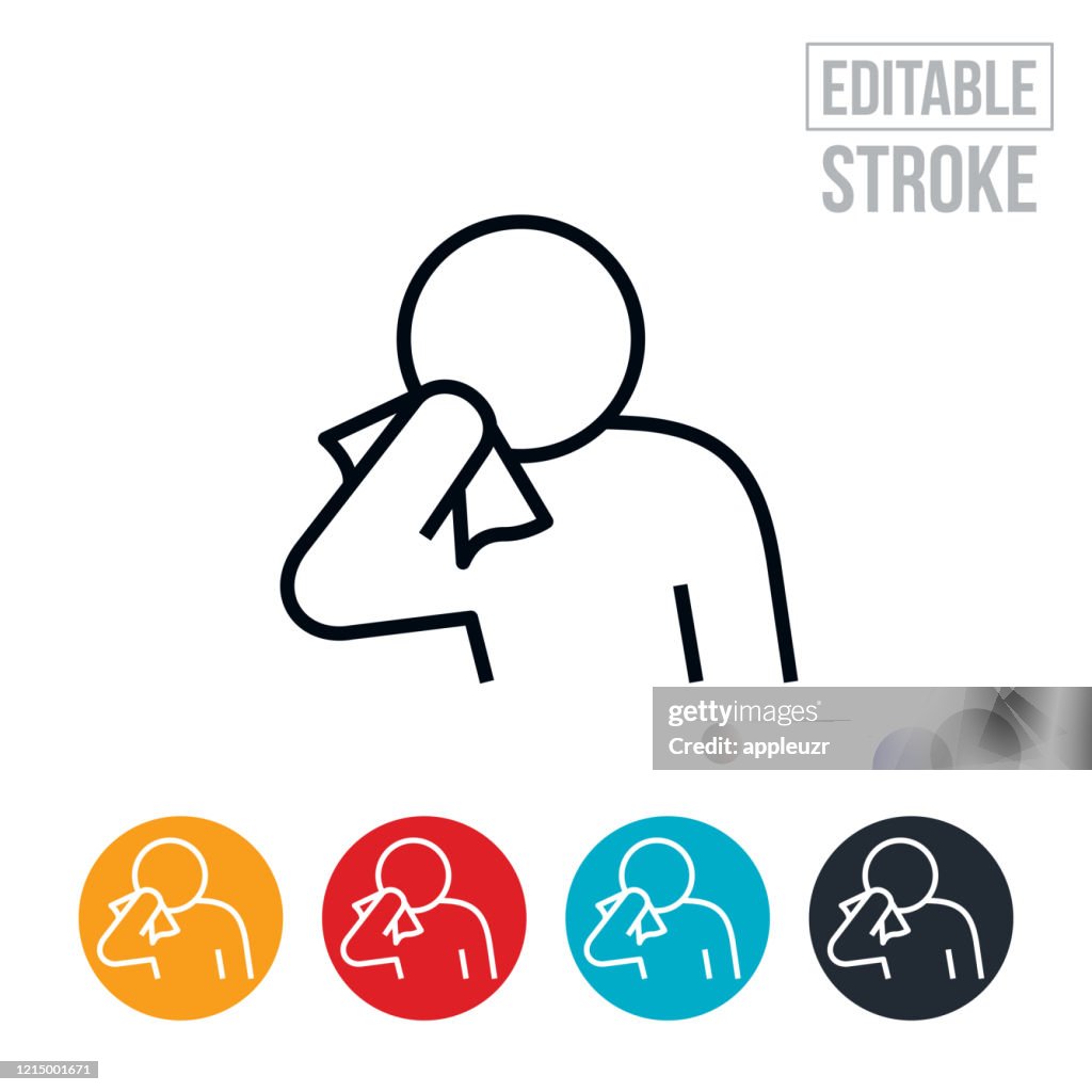 Person Sneezing Into Tissue Thin Line Icon - Editable Stroke