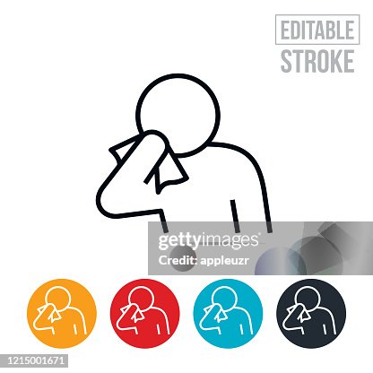 Person Sneezing Into Tissue Thin Line Icon - Editable Stroke Person Sneezing Into Tissue Thin Line Icon - Editable Stroke