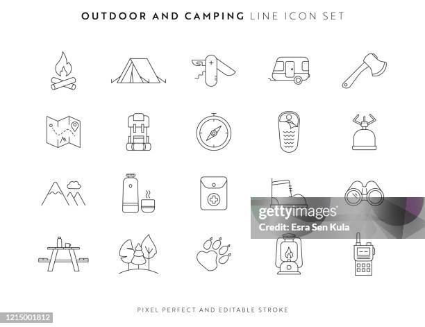 illustrazioni stock, clip art, cartoni animati e icone di tendenza di set di icone outdoor e campeggio con tratto modificabile e pixel perfetto. - camping icons