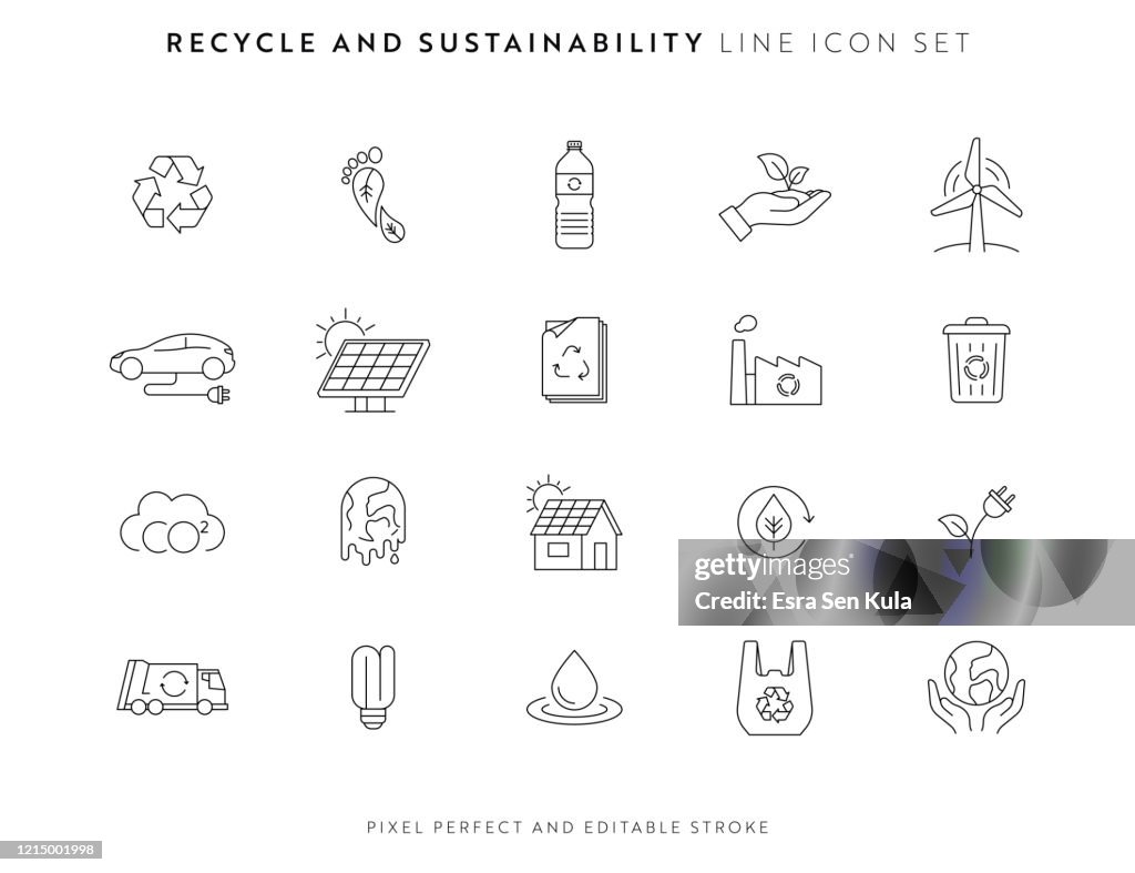 Recycle en Duurzaamheid Icon Set met bewerkbare stroke en Pixel Perfect.