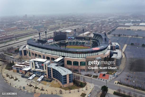 An aerial view from a drone shows Guaranteed Rate Field, home of the Chicago White Sox, which, like all Major League Baseball parks sits nearly empty...