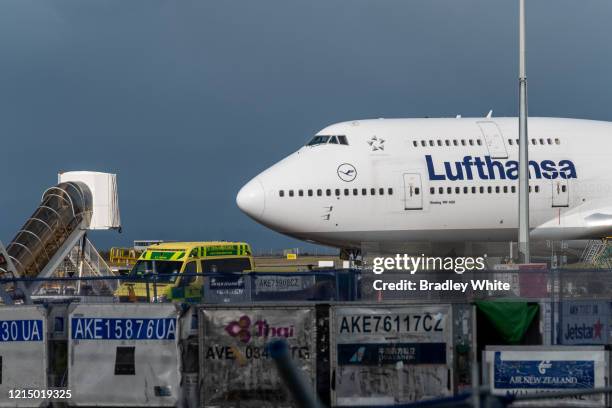 Lufthansa Boeing 747-400 sits on the tarmac at Auckland International Airport after arriving at 7am to pick up German and European travellers on...