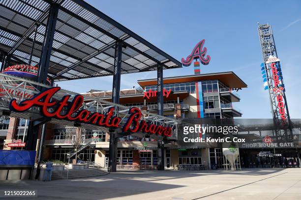 General view of The Battery Atlanta connected to Truist Park, home of the Atlanta Braves, on March 26, 2020 in Atlanta, Georgia. Major League...
