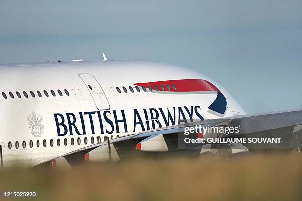 British Airways Airbus A380 aircraft is parked at the Chateauroux-Deols "Marcel Dassault" Airport on May 22, 2020 in Deols, central France. Many...