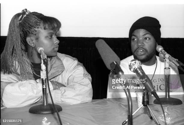 Rapper Ice Cube appears at a press conference to introduce rapper Yo-Yo on December 4, 1990 in New York City. .