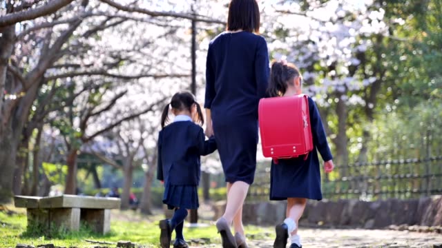초등학교 입학식을 향해 걷는 일본인 가족