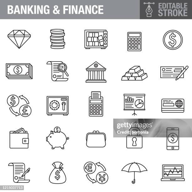 banking and finance editable stroke icon set - digital contract stock illustrations