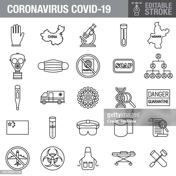coronavirus covid-19 editable stroke icon set - rubber gloves stock illustrations