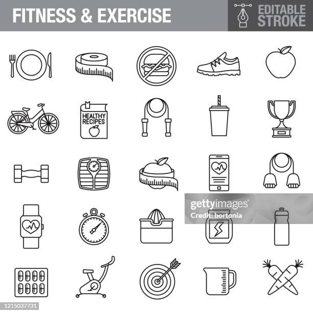 ilustrações de stock, clip art, desenhos animados e ícones de fitness and diet editable stroke icon set - bicicleta ergométrica