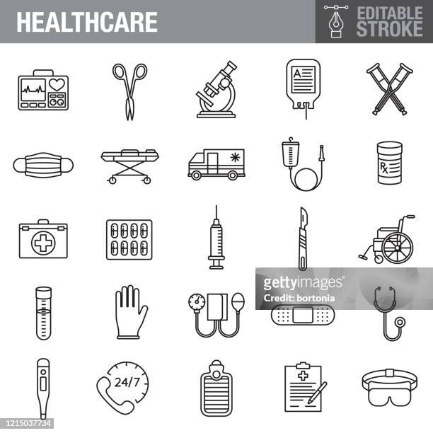 illustrazioni stock, clip art, cartoni animati e icone di tendenza di set di icone ictus modificabile per assistenza sanitaria e medicina - tecnologia medica