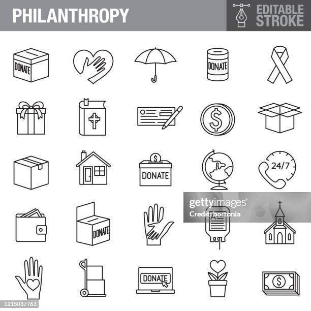 ilustrações de stock, clip art, desenhos animados e ícones de philanthropy and charity editable stroke icon set - charity and relief work