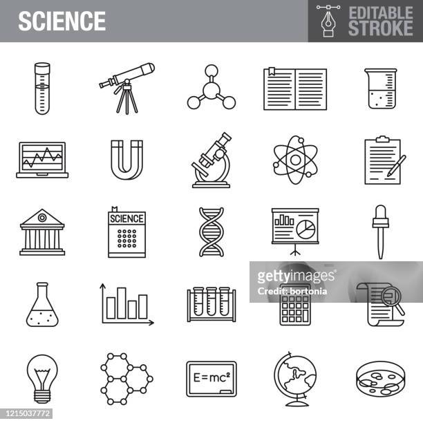 illustrazioni stock, clip art, cartoni animati e icone di tendenza di set di icone tratto modificabile scienza - ricerca