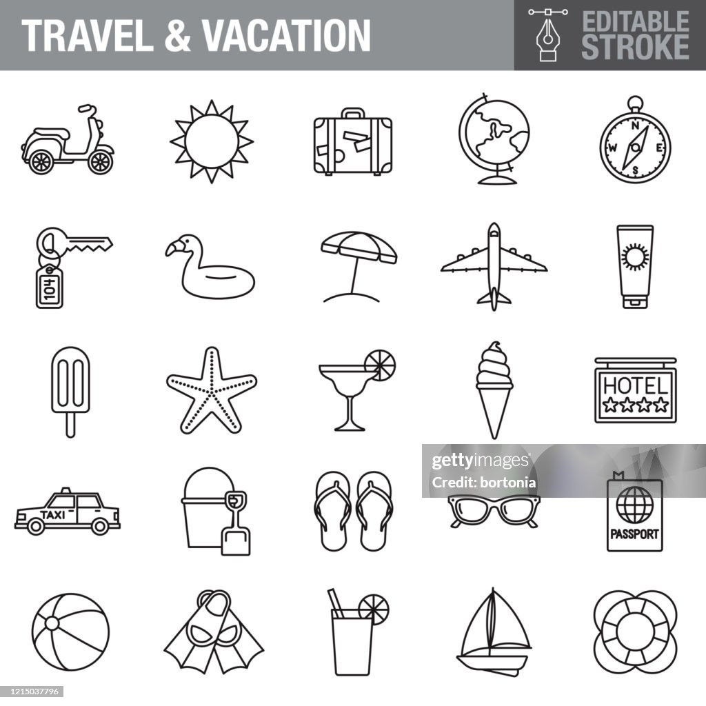 Travel and Vacation Editable Stroke Icon Set