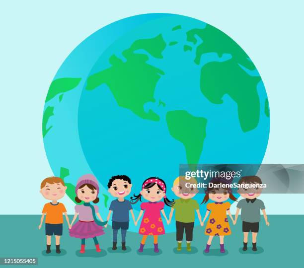 happy children across the globe holding hands together. - philippine-map-vector stock illustrations