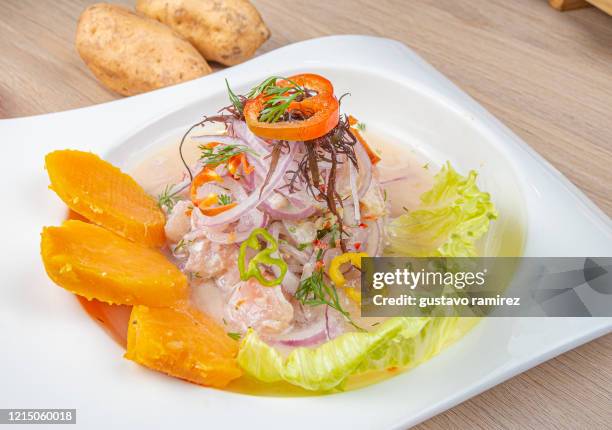 seafood maki cebiche - peruvian culture stock pictures, royalty-free photos & images