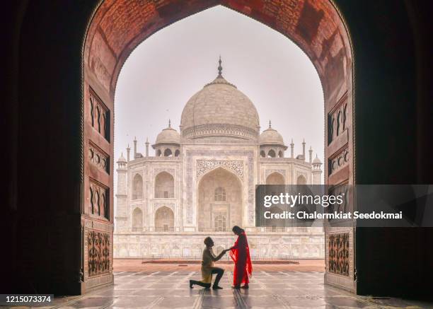a man proposing woman with the view of taj mahal in agra, india - indian wedding dress stock pictures, royalty-free photos & images