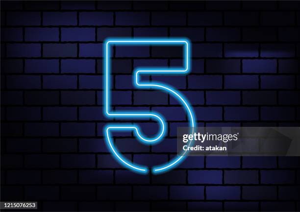 number 5 sign blue neon light on dark brick wall - tag 5 stock illustrations