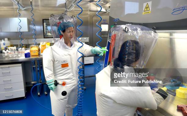 Virologist Shi Zheng-li, left, works with her colleague in the P4 lab of Wuhan Institute of Virology in Wuhan in central China's Hubei province...