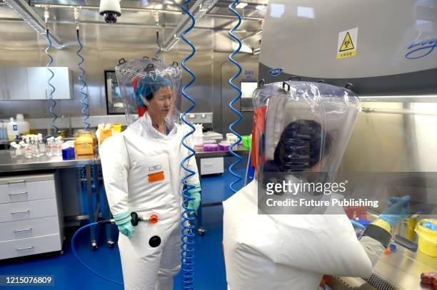 Virologist Shi Zheng-li, left, works with her colleague in the P4 lab of Wuhan Institute of Virology in Wuhan in central China's Hubei province...