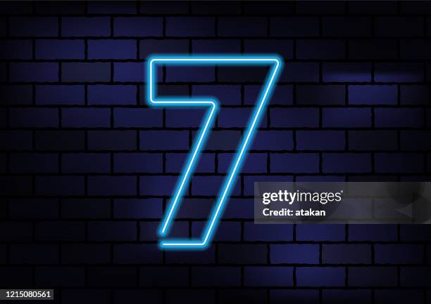 number 7 sign blue neon light on dark brick wall - 7 stock illustrations