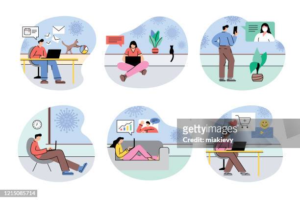 illustrazioni stock, clip art, cartoni animati e icone di tendenza di lavorare da casa durante la quarantena del coronavirus - collezione