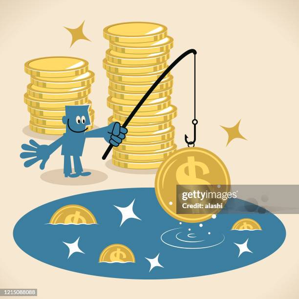 geschäftsmann hält eine angelrute und fängt eine menge geld (gold dollar zeichen währung münze) - angel investor stock-grafiken, -clipart, -cartoons und -symbole