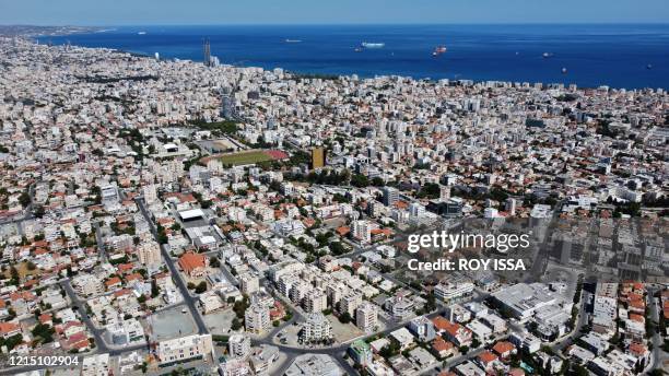 This picture taken on May 24, 2020 shows an aerial view of Cyprus' southern port city of Limassol, during a period of deconfinement following a...