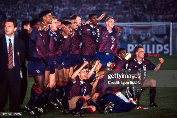 Team Ajax celebrate the victory with the trophy during the Champions League Final match between Ajax Amsterdam and Milan AC at Ernst-Happel-Stadion,...